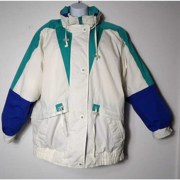 Vintage Izzi Winter Jacket Puffer Womens Large 12/14 White Blue Teal 80s 90s - Picture 2 of 16